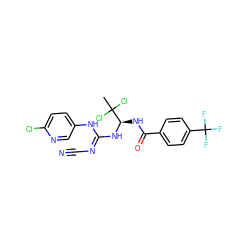 CC(Cl)(Cl)[C@@H](NC(=O)c1ccc(C(F)(F)F)cc1)N/C(=N/C#N)Nc1ccc(Cl)nc1 ZINC000028866439