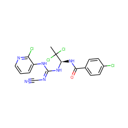 CC(Cl)(Cl)[C@@H](NC(=O)c1ccc(Cl)cc1)N/C(=N/C#N)Nc1cccnc1Cl ZINC000028866315