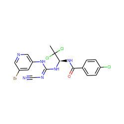 CC(Cl)(Cl)[C@@H](NC(=O)c1ccc(Cl)cc1)N/C(=N/C#N)Nc1cncc(Br)c1 ZINC000028866255