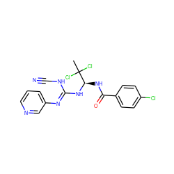 CC(Cl)(Cl)[C@@H](NC(=O)c1ccc(Cl)cc1)N/C(=N/c1cccnc1)NC#N ZINC000013588830