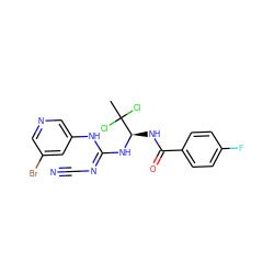 CC(Cl)(Cl)[C@@H](NC(=O)c1ccc(F)cc1)N/C(=N/C#N)Nc1cncc(Br)c1 ZINC000028866537