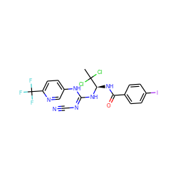 CC(Cl)(Cl)[C@@H](NC(=O)c1ccc(I)cc1)N/C(=N/C#N)Nc1ccc(C(F)(F)F)nc1 ZINC000028866515