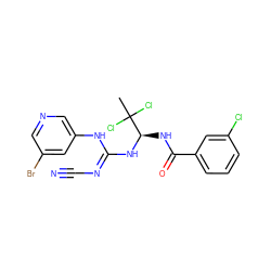 CC(Cl)(Cl)[C@@H](NC(=O)c1cccc(Cl)c1)N/C(=N/C#N)Nc1cncc(Br)c1 ZINC000028866532