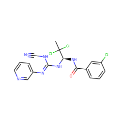 CC(Cl)(Cl)[C@@H](NC(=O)c1cccc(Cl)c1)N/C(=N/c1cccnc1)NC#N ZINC000013588842