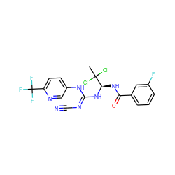 CC(Cl)(Cl)[C@@H](NC(=O)c1cccc(F)c1)N/C(=N/C#N)Nc1ccc(C(F)(F)F)nc1 ZINC000028866492