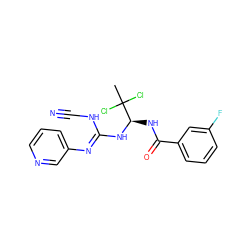 CC(Cl)(Cl)[C@@H](NC(=O)c1cccc(F)c1)N/C(=N/c1cccnc1)NC#N ZINC000013588844