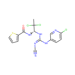 CC(Cl)(Cl)[C@@H](NC(=O)c1cccs1)N/C(=N/C#N)Nc1ccc(Cl)nc1 ZINC000028866434