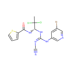 CC(Cl)(Cl)[C@@H](NC(=O)c1cccs1)N/C(=N/C#N)Nc1cncc(Br)c1 ZINC000028866553