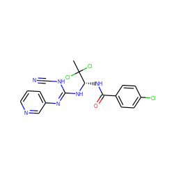 CC(Cl)(Cl)[C@H](NC(=O)c1ccc(Cl)cc1)N/C(=N/c1cccnc1)NC#N ZINC000013588831