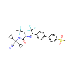 CC(F)(F)C[C@H](N[C@@H](c1ccc(-c2ccc(S(C)(=O)=O)cc2)cc1)C(F)(F)F)C(=O)NC(C#N)(C1CC1)C1CC1 ZINC000089787855