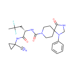 CC(F)(F)C[C@H](NC(=O)N1CCC2(CC1)C(=O)NCN2c1ccccc1)C(=O)NC1(C#N)CC1 ZINC000113631432