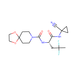 CC(F)(F)C[C@H](NC(=O)N1CCC2(CC1)OCCO2)C(=O)NC1(C#N)CC1 ZINC000113631843