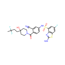 CC(F)(F)CCC1(O)CCN(C(=O)c2ccc(NS(=O)(=O)c3cc(F)cc4sc(N)nc34)cc2C#N)CC1 ZINC000217813813