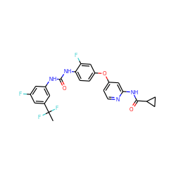 CC(F)(F)c1cc(F)cc(NC(=O)Nc2ccc(Oc3ccnc(NC(=O)C4CC4)c3)cc2F)c1 ZINC001772608992