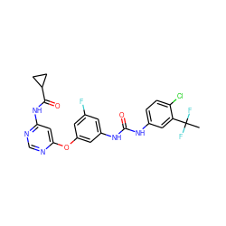 CC(F)(F)c1cc(NC(=O)Nc2cc(F)cc(Oc3cc(NC(=O)C4CC4)ncn3)c2)ccc1Cl ZINC001772650251