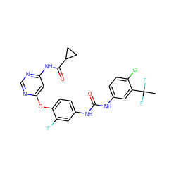 CC(F)(F)c1cc(NC(=O)Nc2ccc(Oc3cc(NC(=O)C4CC4)ncn3)c(F)c2)ccc1Cl ZINC001772622868