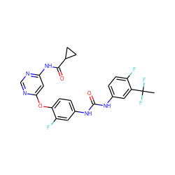 CC(F)(F)c1cc(NC(=O)Nc2ccc(Oc3cc(NC(=O)C4CC4)ncn3)c(F)c2)ccc1F ZINC001772620316