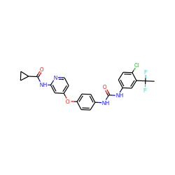 CC(F)(F)c1cc(NC(=O)Nc2ccc(Oc3ccnc(NC(=O)C4CC4)c3)cc2)ccc1Cl ZINC001772596350