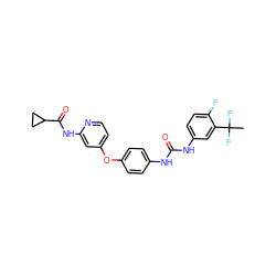 CC(F)(F)c1cc(NC(=O)Nc2ccc(Oc3ccnc(NC(=O)C4CC4)c3)cc2)ccc1F ZINC001772648225