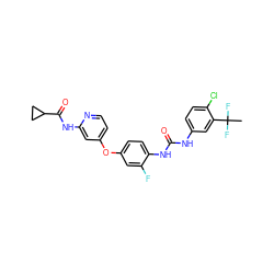 CC(F)(F)c1cc(NC(=O)Nc2ccc(Oc3ccnc(NC(=O)C4CC4)c3)cc2F)ccc1Cl ZINC001772636503