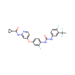 CC(F)(F)c1cc(NC(=O)Nc2ccc(Oc3ccnc(NC(=O)C4CC4)c3)cc2F)ccc1F ZINC001772646578