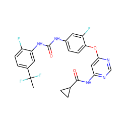 CC(F)(F)c1ccc(F)c(NC(=O)Nc2ccc(Oc3cc(NC(=O)C4CC4)ncn3)c(F)c2)c1 ZINC001772574415