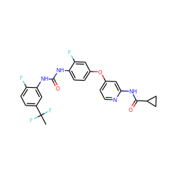 CC(F)(F)c1ccc(F)c(NC(=O)Nc2ccc(Oc3ccnc(NC(=O)C4CC4)c3)cc2F)c1 ZINC001772632601