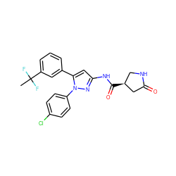 CC(F)(F)c1cccc(-c2cc(NC(=O)[C@H]3CNC(=O)C3)nn2-c2ccc(Cl)cc2)c1 ZINC000169707101