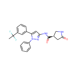 CC(F)(F)c1cccc(-c2cc(NC(=O)[C@H]3CNC(=O)C3)nn2-c2ccccc2)c1 ZINC000169707100