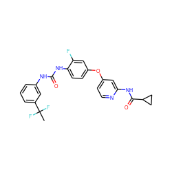 CC(F)(F)c1cccc(NC(=O)Nc2ccc(Oc3ccnc(NC(=O)C4CC4)c3)cc2F)c1 ZINC001772622319