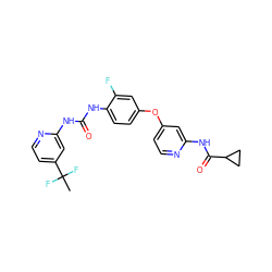 CC(F)(F)c1ccnc(NC(=O)Nc2ccc(Oc3ccnc(NC(=O)C4CC4)c3)cc2F)c1 ZINC001772642917