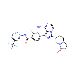 CC(F)(F)c1ccnc(NC(=O)c2ccc(-c3nc([C@@H]4CC[C@H]5CCC(=O)N5C4)n4ccnc(N)c34)cc2F)c1 ZINC000145633150