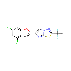 CC(F)(F)c1nn2cc(-c3cc4c(Cl)cc(Cl)cc4o3)nc2s1 ZINC000653758325