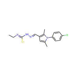 CC/N=C(\S)N/N=C/c1cc(C)n(-c2ccc(Cl)cc2)c1C ZINC000013686869