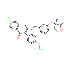 CC[C@@](C)(Oc1cccc(Cn2c(C)c(C(=O)c3ccc(Cl)cc3)c3ccc(OC(F)(F)F)cc32)c1)C(=O)O ZINC000043019375