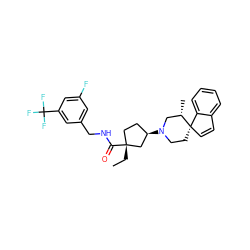 CC[C@@]1(C(=O)NCc2cc(F)cc(C(F)(F)F)c2)CC[C@@H](N2CC[C@]3(C=Cc4ccccc43)[C@@H](C)C2)C1 ZINC000028704050