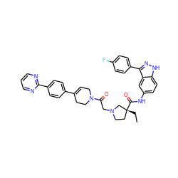 CC[C@@]1(C(=O)Nc2ccc3[nH]nc(-c4ccc(F)cc4)c3c2)CCN(CC(=O)N2CC=C(c3ccc(-c4ncccn4)cc3)CC2)C1 ZINC000150117443