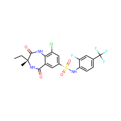 CC[C@@]1(C)NC(=O)c2cc(S(=O)(=O)Nc3ccc(C(F)(F)F)cc3F)cc(Cl)c2NC1=O ZINC000103298345