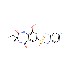 CC[C@@]1(C)NC(=O)c2cc(S(=O)(=O)Nc3ccc(F)cc3F)cc(OC)c2NC1=O ZINC000103298253