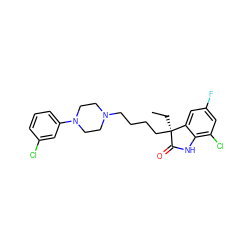 CC[C@@]1(CCCCN2CCN(c3cccc(Cl)c3)CC2)C(=O)Nc2c(Cl)cc(F)cc21 ZINC000029052542