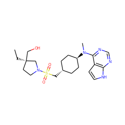 CC[C@@]1(CO)CCN(S(=O)(=O)C[C@H]2CC[C@H](N(C)c3ncnc4[nH]ccc34)CC2)C1 ZINC000261118342