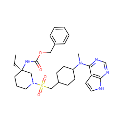 CC[C@@]1(NC(=O)OCc2ccccc2)CCCN(S(=O)(=O)CC2CCC(N(C)c3ncnc4[nH]ccc34)CC2)C1 ZINC000169700303