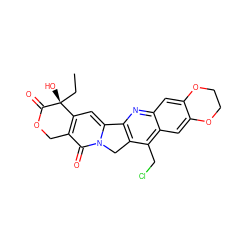 CC[C@@]1(O)C(=O)OCc2c1cc1n(c2=O)Cc2c-1nc1cc3c(cc1c2CCl)OCCO3 ZINC000013740292