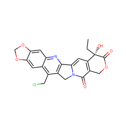 CC[C@@]1(O)C(=O)OCc2c1cc1n(c2=O)Cc2c-1nc1cc3c(cc1c2CCl)OCO3 ZINC000013740291