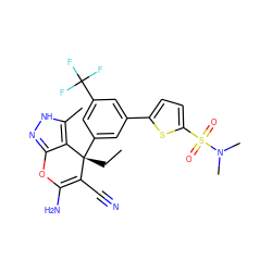 CC[C@@]1(c2cc(-c3ccc(S(=O)(=O)N(C)C)s3)cc(C(F)(F)F)c2)C(C#N)=C(N)Oc2n[nH]c(C)c21 ZINC001772618677