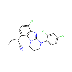 CC[C@@H](C#N)c1ccc(Cl)c2nc3n(c12)CCCN3c1ccc(Cl)cc1Cl ZINC000142846516