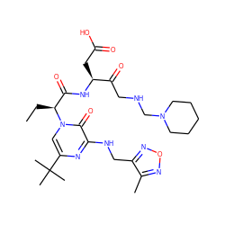 CC[C@@H](C(=O)N[C@@H](CC(=O)O)C(=O)CNCN1CCCCC1)n1cc(C(C)(C)C)nc(NCc2nonc2C)c1=O ZINC000028137579