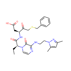 CC[C@@H](C(=O)N[C@@H](CC(=O)O)C(=O)CSCc1ccccc1)n1ccnc(NCCn2nc(C)cc2C)c1=O ZINC000028133607