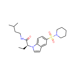 CC[C@@H](C(=O)NCCC(C)C)n1ccc2cc(S(=O)(=O)N3CCCCC3)ccc21 ZINC000006901542