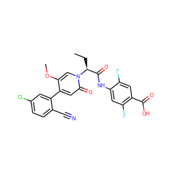 CC[C@@H](C(=O)Nc1cc(F)c(C(=O)O)cc1F)n1cc(OC)c(-c2cc(Cl)ccc2C#N)cc1=O ZINC001772605361